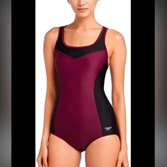 Speedo 1-Piece Swimsuit Keyhole Racerback Moderate Cut S/M Black & Purple 276F - Picture 5 of 13